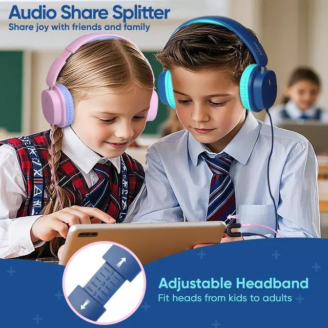 Alt view image 2 of 6 - Kids Wired Headphones for School, 2-Pack with Sharing Splitter | Stereo sound, Comfortable over-ear fit, Foldable design, Tangle-free 3.5 mm cable, Ideal for tablets, laptops and computers