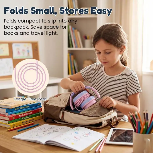 Alt view image 6 of 6 - Kids Wired Headphones for School, 2-Pack with Sharing Splitter | Stereo sound, Comfortable over-ear fit, Foldable design, Tangle-free 3.5 mm cable, Ideal for tablets, laptops and computers