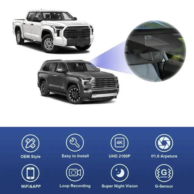 Alt view image 4 of 7 - 4K Dash Cam Suitable for Toyota Tundra 2022-2026 Hybrid & Sequoia 2023-2026 (Gen3), OEM Factory Look, 2160P UHD Video, Built-in WiFi & APP, Loop Recording, G-Sensor, Plug & Play, 64GB Card