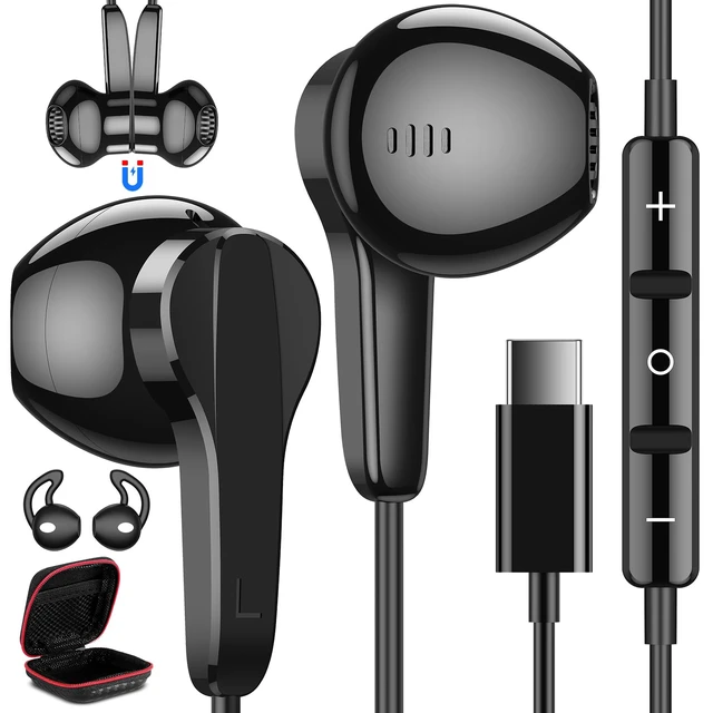 Main image of USB C Headphones Wired for Samsung S26 S25 Ultra S24 S23 Fe S22, Black Type C Earphones with Mic Stereo Magnet Plug in USBC Wired Earbuds for iPhone 17 Air 16 15 18 Pro Max Duo Plus/Galaxy Flip 7