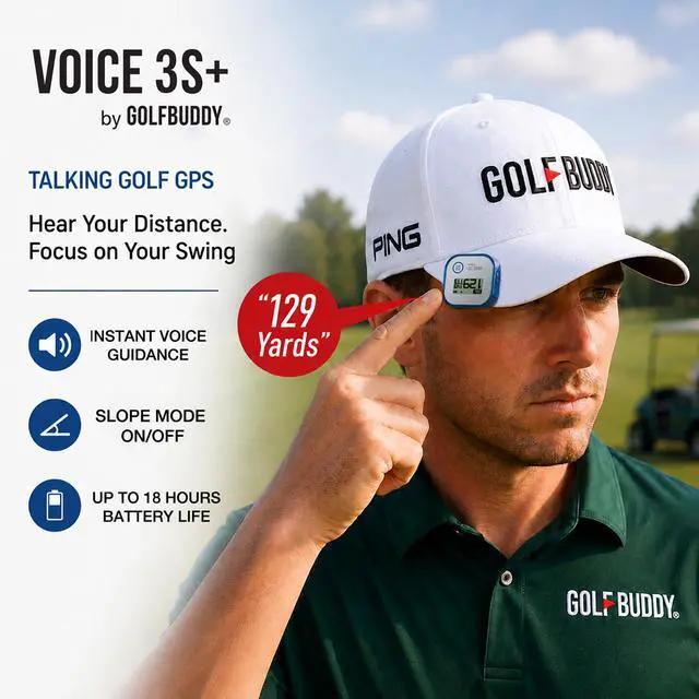 Alt view image 2 of 7 - GOLFBUDDY Voice 3S+ Talking Golf GPS Rangefinder | Clip-On Hat GPS with Slope On/Off | Audio Distance to Front/Center/Back | 40,000 Courses | 18-Hour Battery | No Subscription Fees (Blue)