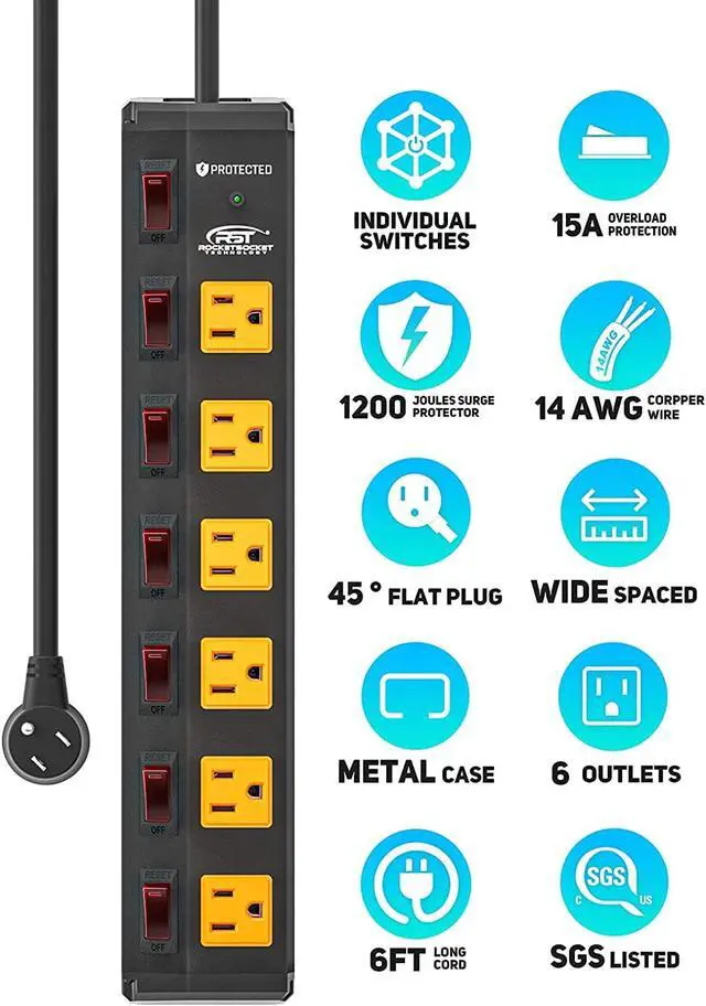 Alt view image 2 of 7 - Metal Power Strip with 6 Individually Switched Outlets, 6FT | 1.77" Extra Wide Spacing for Bulky Plugs, 1200J Surge Protector,15A/1875W