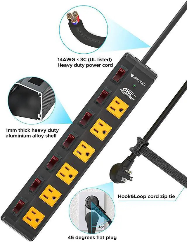 Alt view image 6 of 7 - Metal Power Strip with 6 Individually Switched Outlets, 6FT | 1.77" Extra Wide Spacing for Bulky Plugs, 1200J Surge Protector,15A/1875W