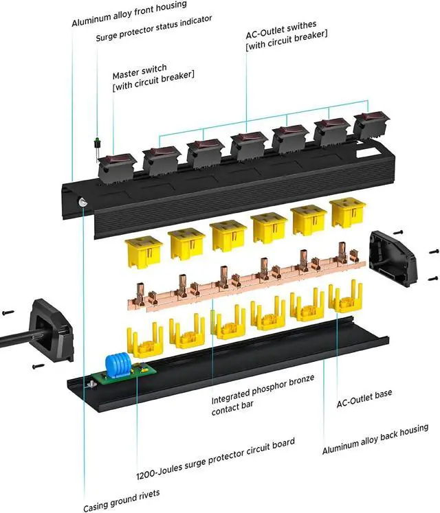 Alt view image 7 of 7 - Metal Power Strip with 6 Individually Switched Outlets, 6FT | 1.77" Extra Wide Spacing for Bulky Plugs, 1200J Surge Protector,15A/1875W