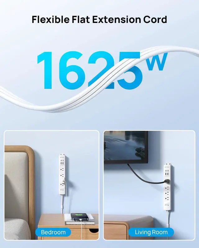 Alt view image 3 of 7 - Wall Mount Surge Protector Power Strip with 360 Rotating Plug, 3ft | 4 AC, 2 USB-C & 2 USB-A, 1440J, 13A/1625W, Fit Home Office Dorm Room Under Desk Cable Management Tray, ETL Listed, White