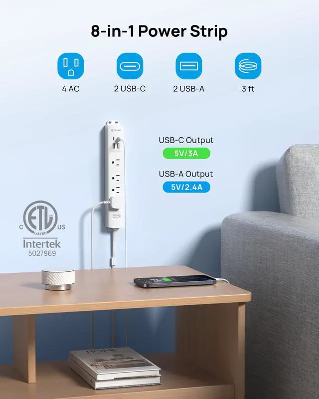 Alt view image 2 of 7 - Wall Mount Surge Protector Power Strip with 360 Rotating Plug, 3ft | 4 AC, 2 USB-C & 2 USB-A, 1440J, 13A/1625W, Fit Home Office Dorm Room Under Desk Cable Management Tray, ETL Listed, White