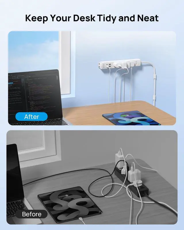 Alt view image 4 of 7 - Wall Mount Surge Protector Power Strip with 360 Rotating Plug, 3ft | 4 AC, 2 USB-C & 2 USB-A, 1440J, 13A/1625W, Fit Home Office Dorm Room Under Desk Cable Management Tray, ETL Listed, White