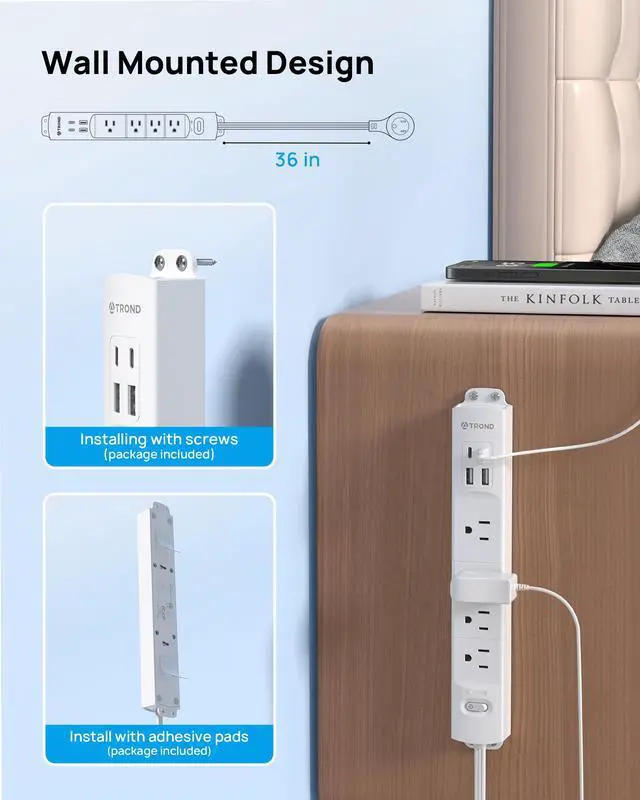 Alt view image 6 of 7 - Wall Mount Surge Protector Power Strip with 360 Rotating Plug, 3ft | 4 AC, 2 USB-C & 2 USB-A, 1440J, 13A/1625W, Fit Home Office Dorm Room Under Desk Cable Management Tray, ETL Listed, White