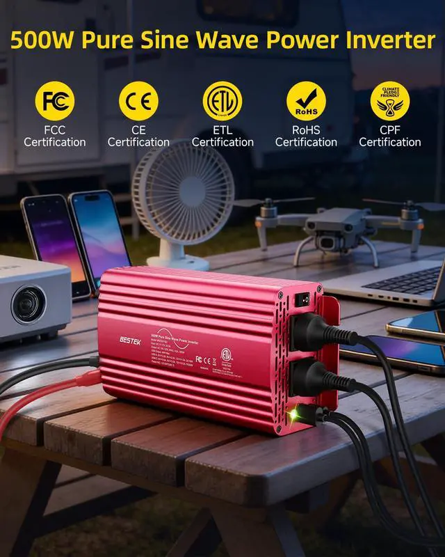 Alt view image 2 of 7 - 500W Pure Sine Wave Power Inverter DC 12V to AC 110V Car Converter | PD 30W & QC 18W Fast Charging Port, Dual AC Outlets, Car Power Plug Adapter for Solar, RV, Truck, Outdoor Camping, Road Trips