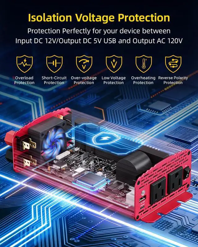 Alt view image 5 of 7 - 500W Pure Sine Wave Power Inverter DC 12V to AC 110V Car Converter | PD 30W & QC 18W Fast Charging Port, Dual AC Outlets, Car Power Plug Adapter for Solar, RV, Truck, Outdoor Camping, Road Trips