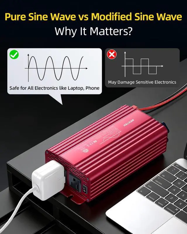 Alt view image 6 of 7 - 500W Pure Sine Wave Power Inverter DC 12V to AC 110V Car Converter | PD 30W & QC 18W Fast Charging Port, Dual AC Outlets, Car Power Plug Adapter for Solar, RV, Truck, Outdoor Camping, Road Trips