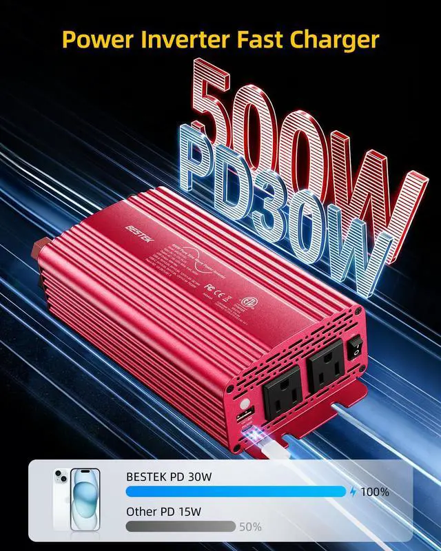 Alt view image 3 of 7 - 500W Pure Sine Wave Power Inverter DC 12V to AC 110V Car Converter | PD 30W & QC 18W Fast Charging Port, Dual AC Outlets, Car Power Plug Adapter for Solar, RV, Truck, Outdoor Camping, Road Trips