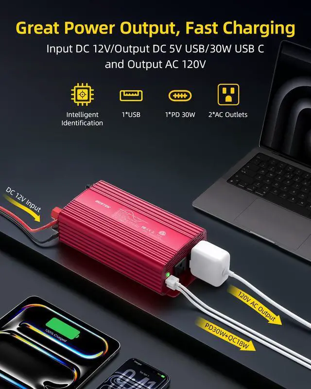 Alt view image 4 of 7 - 500W Pure Sine Wave Power Inverter DC 12V to AC 110V Car Converter | PD 30W & QC 18W Fast Charging Port, Dual AC Outlets, Car Power Plug Adapter for Solar, RV, Truck, Outdoor Camping, Road Trips