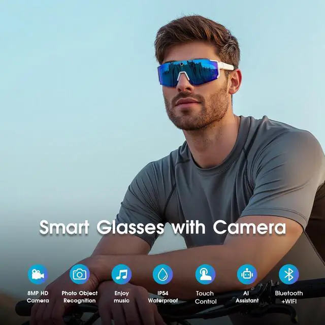 Alt view image 2 of 7 - AI Smart Glasses with Camera, Bluetooth Sunglasses for Outdoor Sports | 8MP Camera, AI Image Enhancement, Built-In Storage, WiFi Transfer, Stabilization for Cycling, Travel & Daily Adventures