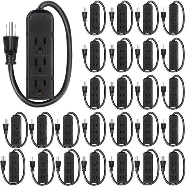 Main image of 36 Pack 3 Outlet Power Strip Extension Cord with Flat Plug Mini Cord 3 Ground Heavy Duty Mountable Outlets Strip for Computer Phone Home Office (1 ft,Black)