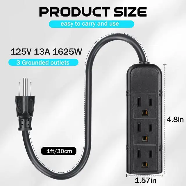 Alt view image 2 of 6 - 36 Pack 3 Outlet Power Strip Extension Cord with Flat Plug Mini Cord 3 Ground Heavy Duty Mountable Outlets Strip for Computer Phone Home Office (1 ft,Black)