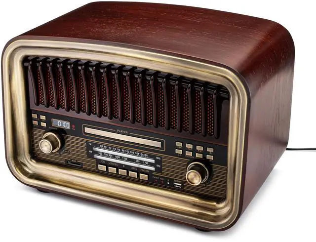 Main image of All-in-One AM/FM Radio with CD Player, Bluetooth Input, USB Playback & Recording, SD Card Playback, Aux Input, Built-in Speakers, Handmade Wooden Exterior