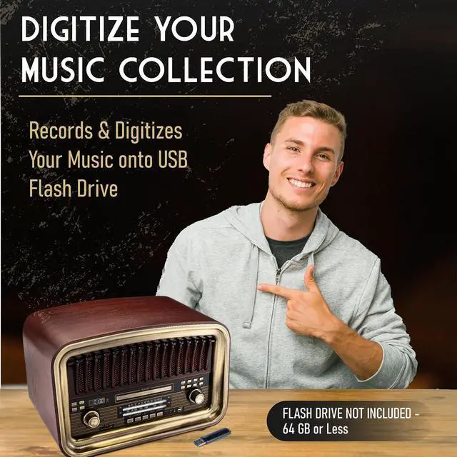 Alt view image 5 of 6 - All-in-One AM/FM Radio with CD Player, Bluetooth Input, USB Playback & Recording, SD Card Playback, Aux Input, Built-in Speakers, Handmade Wooden Exterior