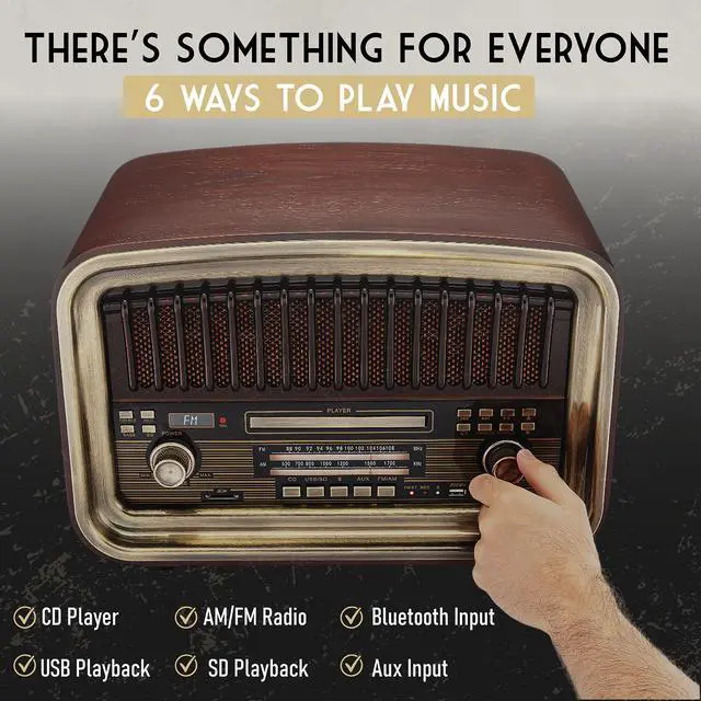 Alt view image 4 of 6 - All-in-One AM/FM Radio with CD Player, Bluetooth Input, USB Playback & Recording, SD Card Playback, Aux Input, Built-in Speakers, Handmade Wooden Exterior