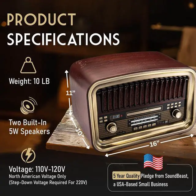 Alt view image 6 of 6 - All-in-One AM/FM Radio with CD Player, Bluetooth Input, USB Playback & Recording, SD Card Playback, Aux Input, Built-in Speakers, Handmade Wooden Exterior