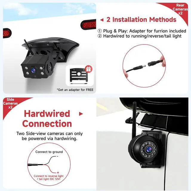 Alt view image 3 of 7 - Wireless RV Backup Camera System, Backup Camera for Truck | 9" 1080P DVR 4 Channels Monitor with 4 IP69 Waterproof IR Night Vision Side Rear View Back Up Cameras for Trailer Camper