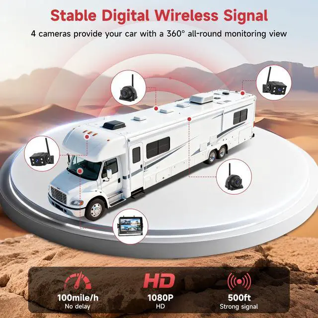 Alt view image 4 of 7 - Wireless RV Backup Camera System, Backup Camera for Truck | 9" 1080P DVR 4 Channels Monitor with 4 IP69 Waterproof IR Night Vision Side Rear View Back Up Cameras for Trailer Camper