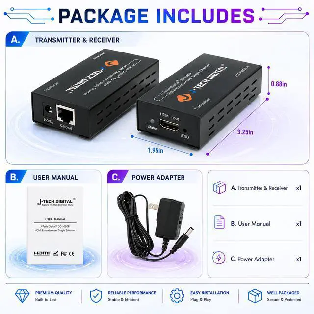 Alt view image 3 of 7 - HDMI Extender over cat5e/6 1080P@200ft HDMI Balun Over Single Ethernet Supports EDID Copy Compatible with Dolby Digital DTS