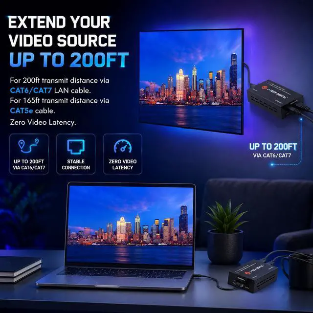 Alt view image 6 of 7 - HDMI Extender over cat5e/6 1080P@200ft HDMI Balun Over Single Ethernet Supports EDID Copy Compatible with Dolby Digital DTS