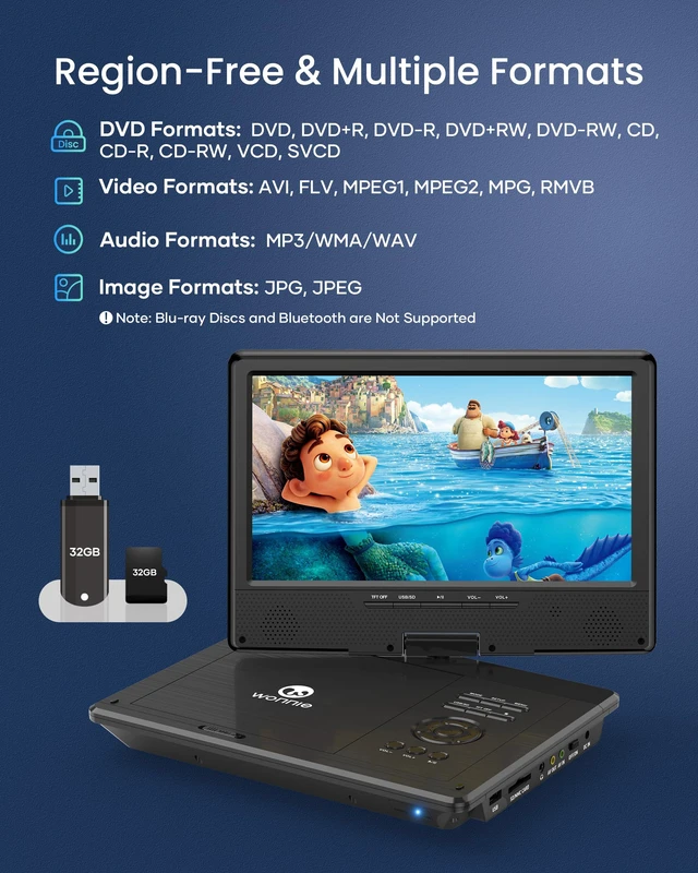 Alt view image 4 of 7 - 12.5 Inch Portable DVD Player with 10.5 Inch Swivel HD Screen, with Car Headrest Case, 5-Hour Rechargeable Battery, Car Charger and AC Adapter, Supports USB/SD Card/Sync TV, All Regions