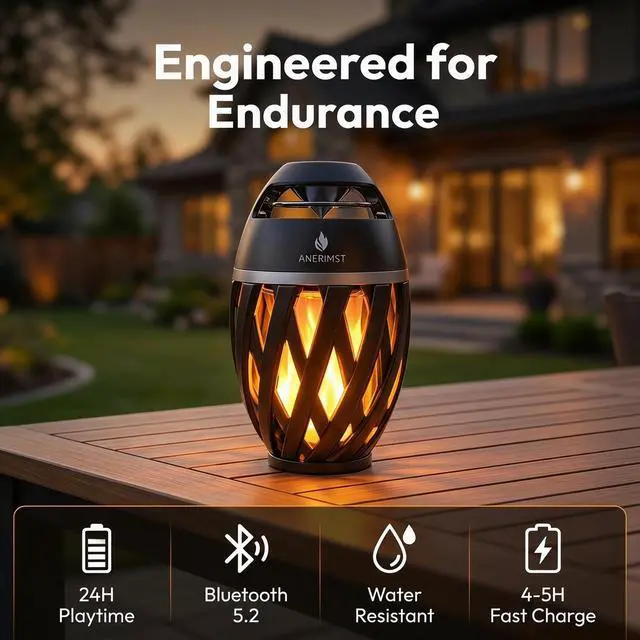 Alt view image 5 of 7 - Unique Gifts for Men, Outdoor Bluetooth Speaker Waterproof Wireless with Torch LED Light, Birthday Gift for Boyfriend Him Dad, Cool for Garden, Patio, Outside (Black)
