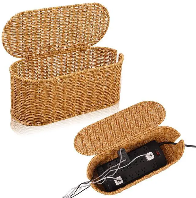 Main image of Cable Management Box, Handmade Rattan Cable Organizer, 2 Open Slots Cords Hider Box, Under Desk Cord Organizer for Computer Router USB Hub & Power Strip, 15.9" x 6.5" x 6.5", Natural