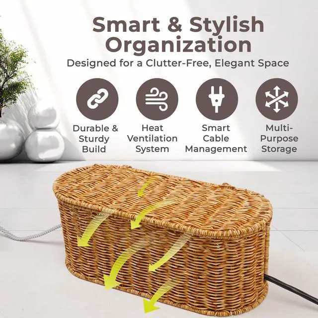 Alt view image 4 of 7 - Cable Management Box, Handmade Rattan Cable Organizer, 2 Open Slots Cords Hider Box, Under Desk Cord Organizer for Computer Router USB Hub & Power Strip, 15.9" x 6.5" x 6.5", Natural