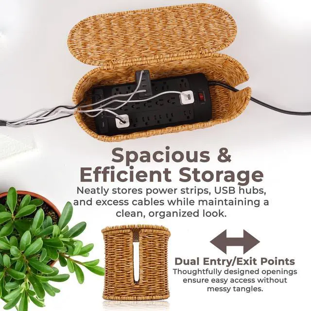 Alt view image 7 of 7 - Cable Management Box, Handmade Rattan Cable Organizer, 2 Open Slots Cords Hider Box, Under Desk Cord Organizer for Computer Router USB Hub & Power Strip, 15.9" x 6.5" x 6.5", Natural