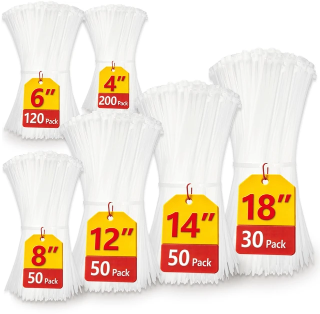 Main image of White Zip Ties Assorted Sizes(4+6+8+12+14+18), 500 Pack, Clear Zip Ties, White Cable Ties, Wire Ties, Zipties Clear