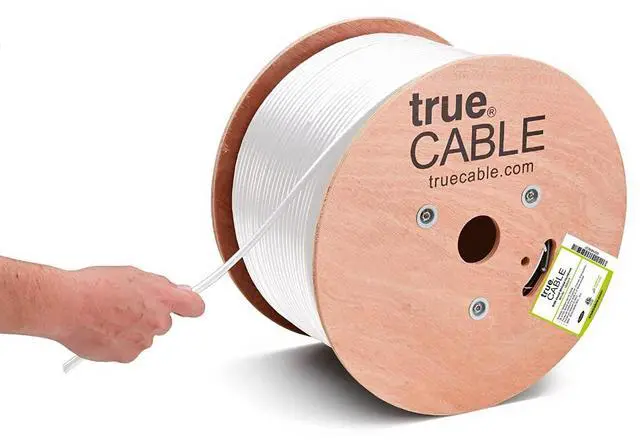 Main image of TRUECABLE RG6 Outdoor Dual Shield Bulk Coaxial Cable, 1000ft, White, Direct Burial (CMX), 75 Ohm, 18 AWG Bare Copper Conductor, UV Resistant, 3GHz Sweep Tested