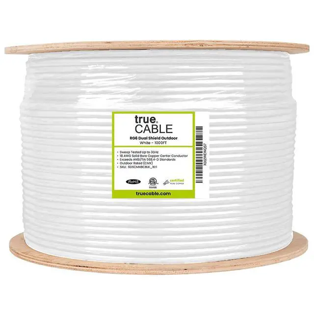 Alt view image 2 of 7 - TRUECABLE RG6 Outdoor Dual Shield Bulk Coaxial Cable, 1000ft, White, Direct Burial (CMX), 75 Ohm, 18 AWG Bare Copper Conductor, UV Resistant, 3GHz Sweep Tested