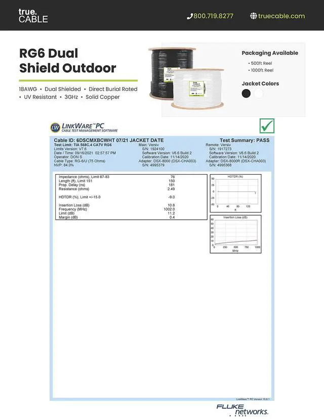Alt view image 7 of 7 - TRUECABLE RG6 Outdoor Dual Shield Bulk Coaxial Cable, 1000ft, White, Direct Burial (CMX), 75 Ohm, 18 AWG Bare Copper Conductor, UV Resistant, 3GHz Sweep Tested