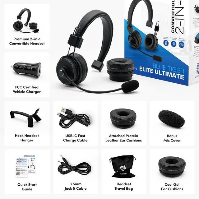 Alt view image 4 of 7 - Premium Elite Ultimate Single and Dual Ear 2-in-1 Bluetooth Headset Professional Noise Cancellation Head Set with Microphone USB-C Fast Charge & Long Battery Life