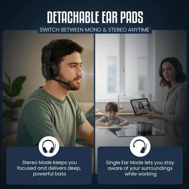 Alt view image 3 of 7 - Trucker Bluetooth Headset, Wireless Headset with Noise-Canceling Microphone, 2-in-One Convertible Mono & Stereo Design Headphones, All Day Extended Playtime for Work, Home, Hands-Free Driving