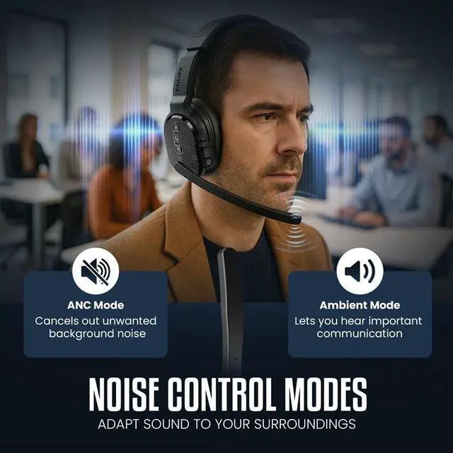 Alt view image 6 of 7 - Trucker Bluetooth Headset, Wireless Headset with Noise-Canceling Microphone, 2-in-One Convertible Mono & Stereo Design Headphones, All Day Extended Playtime for Work, Home, Hands-Free Driving
