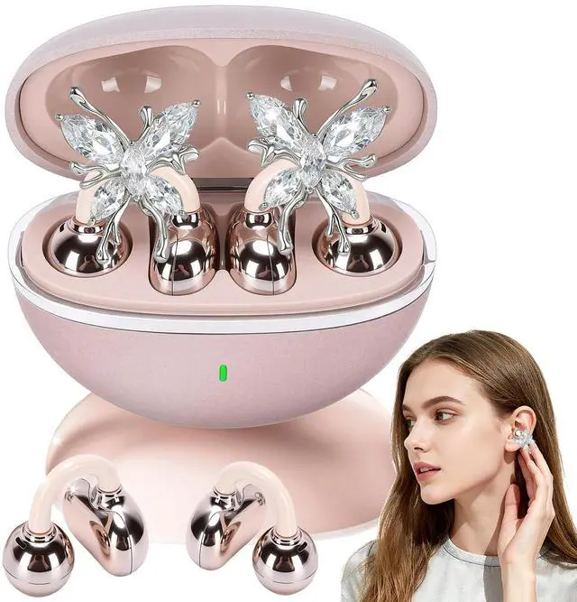 Main image of 2026 New Jewelry-Inspired Clip-On Earbuds with Detachable Sparkle Butterfly Earrings, Bluetooth 6.0, Cute Wireless Headphones for Women, 50H Playtime, Low Latency, Sports & Workouts (Rose Gold)