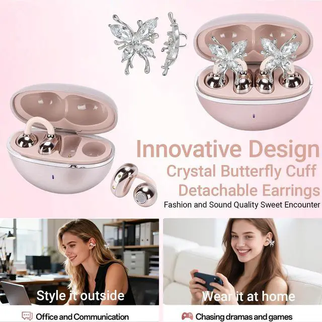 Alt view image 2 of 7 - 2026 New Jewelry-Inspired Clip-On Earbuds with Detachable Sparkle Butterfly Earrings, Bluetooth 6.0, Cute Wireless Headphones for Women, 50H Playtime, Low Latency, Sports & Workouts (Rose Gold)