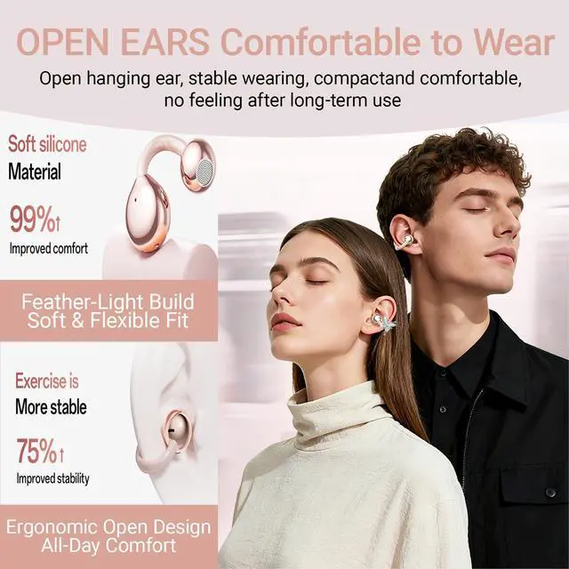 Alt view image 3 of 7 - 2026 New Jewelry-Inspired Clip-On Earbuds with Detachable Sparkle Butterfly Earrings, Bluetooth 6.0, Cute Wireless Headphones for Women, 50H Playtime, Low Latency, Sports & Workouts (Rose Gold)