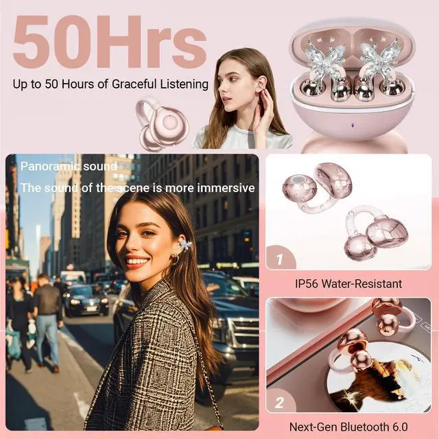 Alt view image 4 of 7 - 2026 New Jewelry-Inspired Clip-On Earbuds with Detachable Sparkle Butterfly Earrings, Bluetooth 6.0, Cute Wireless Headphones for Women, 50H Playtime, Low Latency, Sports & Workouts (Rose Gold)