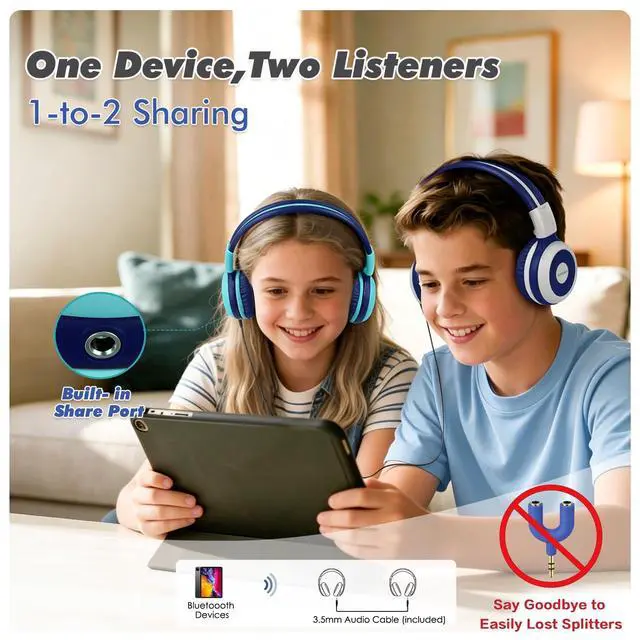 Alt view image 2 of 7 - 2 Pack Wireless Kids Headphones with Share Port, HD Mic for School | 75/85/94dB Volume Limit, USB C Charging, Durable & Foldable, Travel Case, Wired Cord, Bluetooth Headsets for iPad Airplane