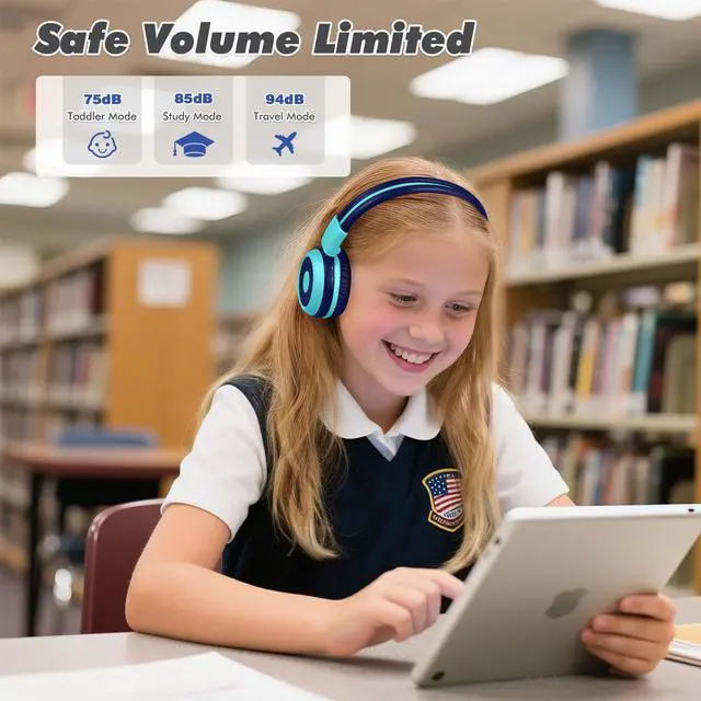 Alt view image 3 of 7 - 2 Pack Wireless Kids Headphones with Share Port, HD Mic for School | 75/85/94dB Volume Limit, USB C Charging, Durable & Foldable, Travel Case, Wired Cord, Bluetooth Headsets for iPad Airplane