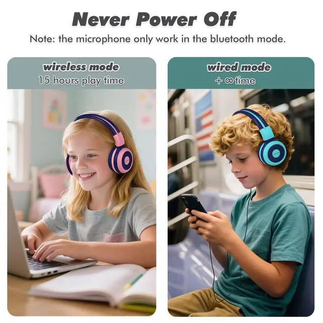 Alt view image 6 of 7 - 2 Pack Wireless Kids Headphones with Share Port, HD Mic for School | 75/85/94dB Volume Limit, USB C Charging, Durable & Foldable, Travel Case, Wired Cord, Bluetooth Headsets for iPad Airplane