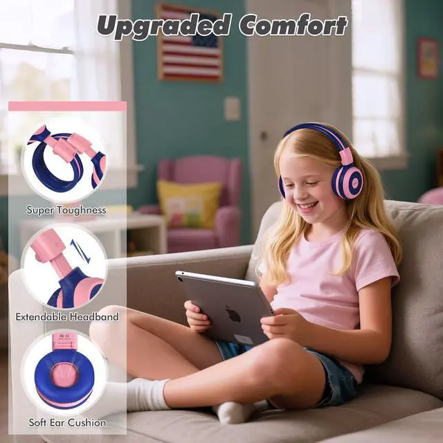 Alt view image 7 of 7 - 2 Pack Wireless Kids Headphones with Share Port, HD Mic for School | 75/85/94dB Volume Limit, USB C Charging, Durable & Foldable, Travel Case, Wired Cord, Bluetooth Headsets for iPad Airplane