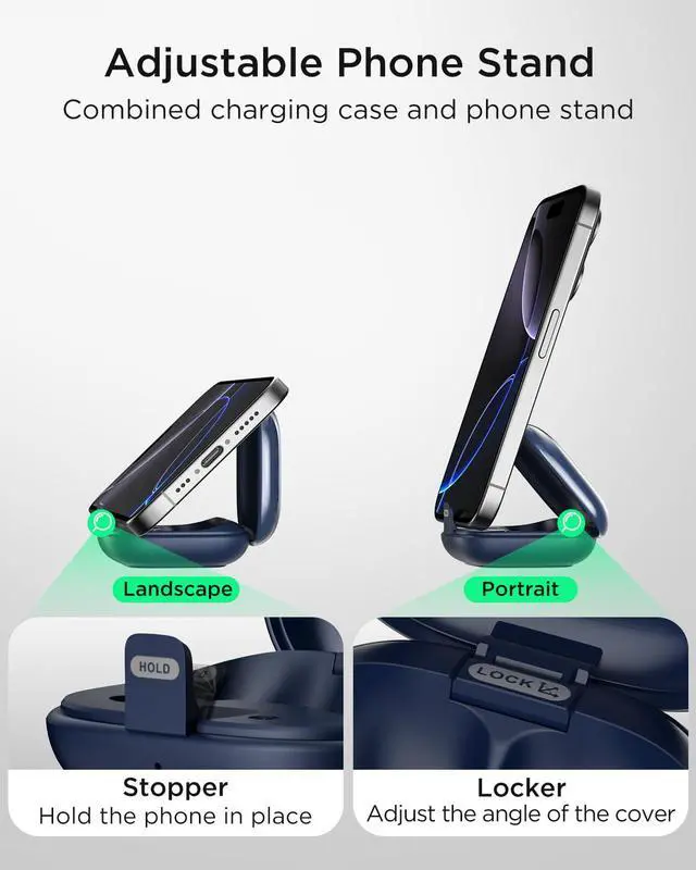 Alt view image 3 of 7 - T30 Noise Cancelling Earbuds with Phone Stand, Punchy Bass, 4-Mic, True Wireless Bluetooth 6.0 in Ear Headphones, 28H Playtime, IPX4 (Blue)