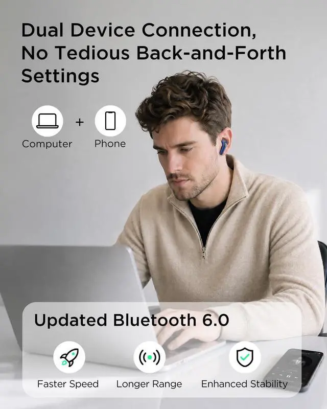 Alt view image 7 of 7 - T30 Noise Cancelling Earbuds with Phone Stand, Punchy Bass, 4-Mic, True Wireless Bluetooth 6.0 in Ear Headphones, 28H Playtime, IPX4 (Blue)
